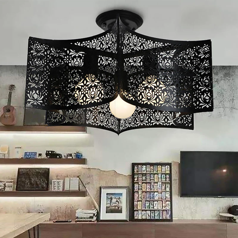 Zwart Drum Design Semi-inbouwlamp met draadframe Vintage Retro Metallic 3-kops Foyer Semi-inbouwlamp, 16"/16,5" W Clearhalo