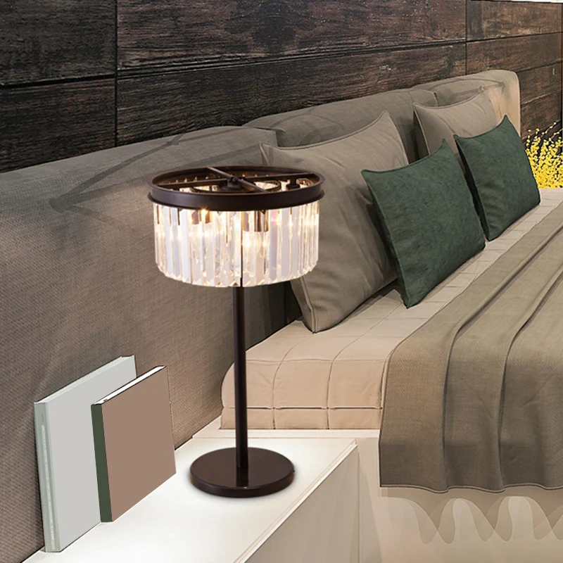 Zwart Drum Nachtkastje Lamp Traditioneel Kristal 1 Lamp Slaapkamer Nachttafellamp Clearhalo