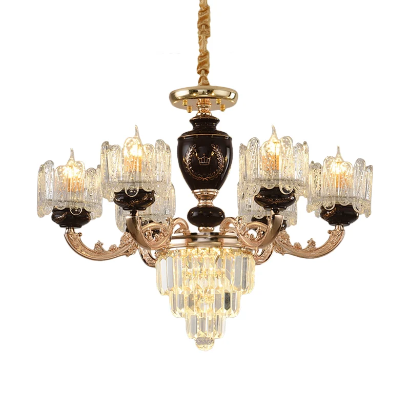 Zwart en goud trommelophanging Verlichting Traditionele kristallen 6-kops eetkamerkroonluchter Clearhalo