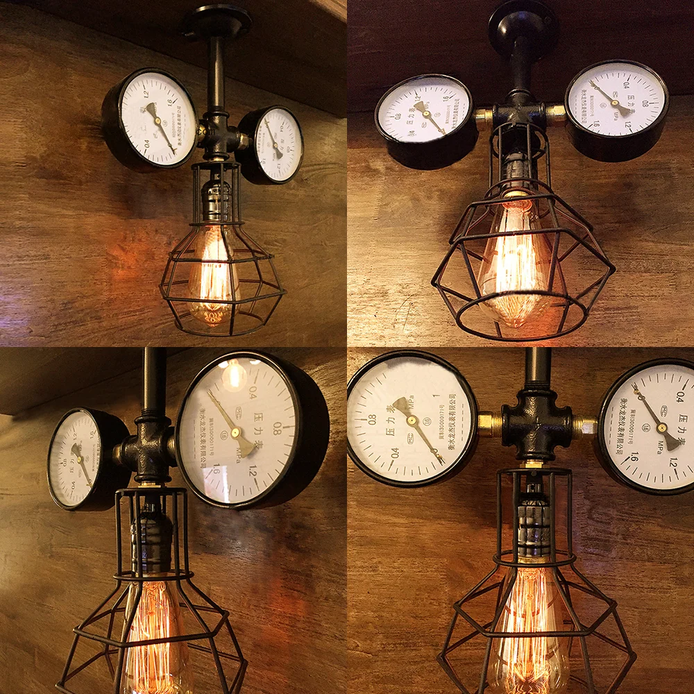 Zwart koepelvormig kooiplafondarmatuur Vintage metaal 1 licht restaurant semi-inbouwlamp met manometerdecoratie Clearhalo