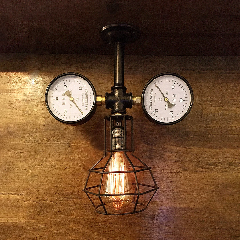 Zwart koepelvormig kooiplafondarmatuur Vintage metaal 1 licht restaurant semi-inbouwlamp met manometerdecoratie Clearhalo