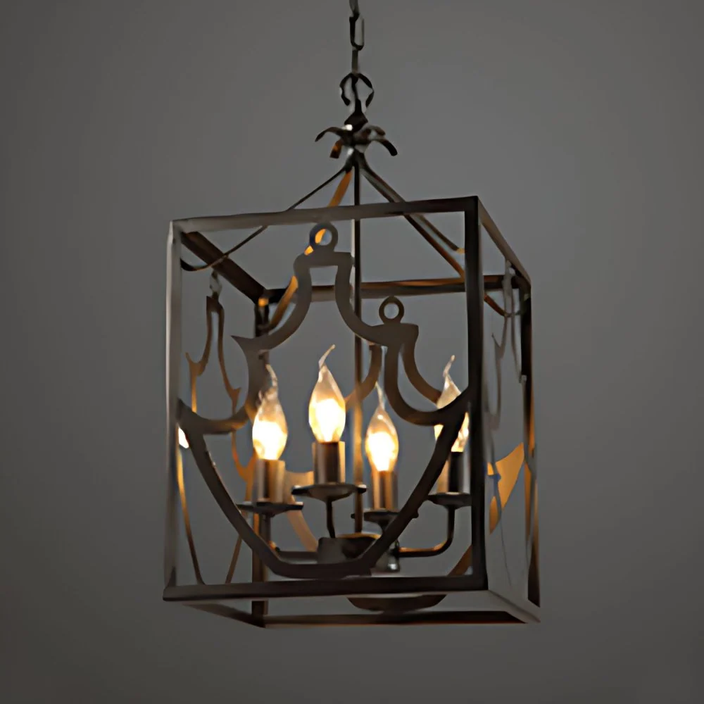 Zwart 4 lampen plafondlamp armatuur boerderijstijl metalen rechthoek kooi kroonluchter verlichting boven tafel Clearhalo