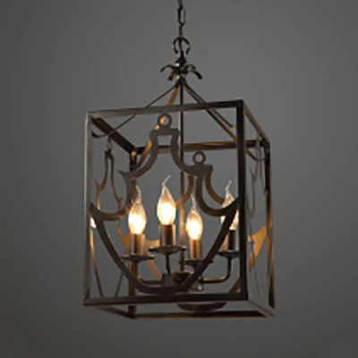 Zwart 4 lampen plafondlamp armatuur boerderijstijl metalen rechthoek kooi kroonluchter verlichting boven tafel Clearhalo