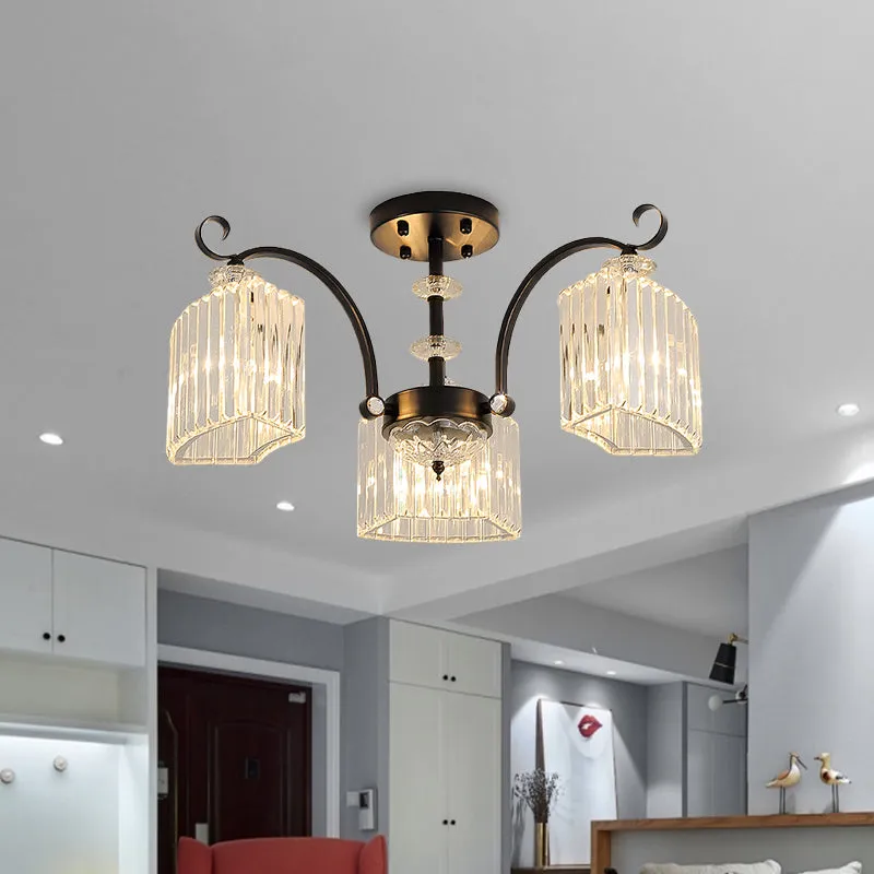 Zwart 3/9 lampen semi-inbouw modern kristallen blok boogframe dicht bij plafondlamp Clearhalo