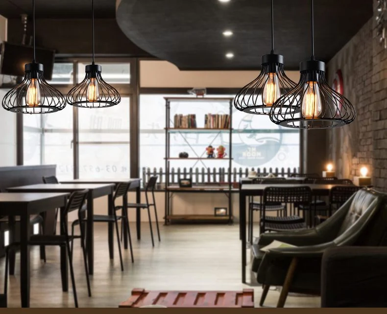 Zwart metalen 1-lichts hanglamp industriële retro druppelvormige kooi hanglamp voor restaurant Clearhalo