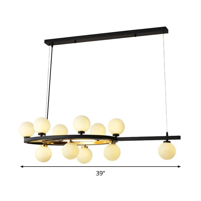 Zwart ovaal hangend lichtarmatuur Nordic 11-kops metalen eilandverlichting met opaalglazen kap Clearhalo