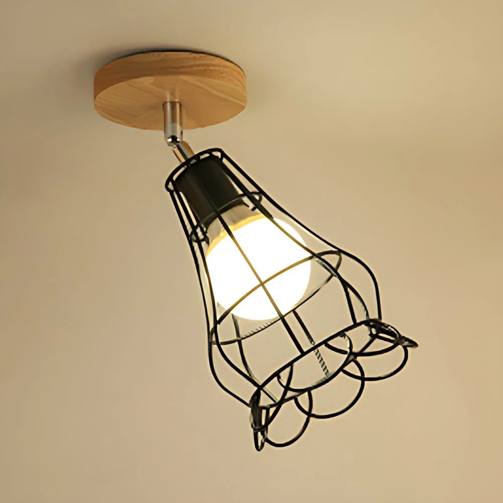 Zwart plafondlamp met 1 lamp Vintage industriële metalen cilinder/vierkante kooi semi-inbouwlamp voor slaapkamer Clearhalo