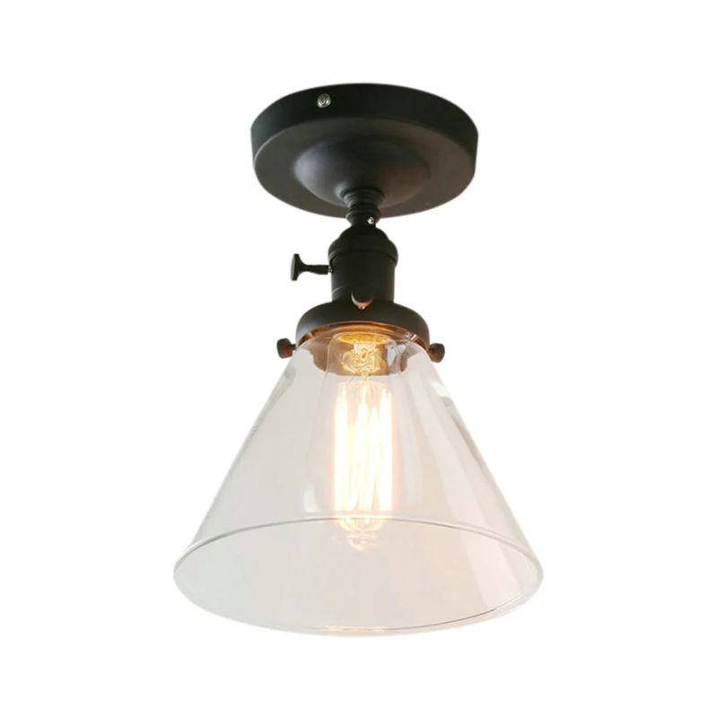 Zwart plafondverlichting met 1 lamp, industriële helderglazen kegelvormige schaduw, semi-inbouwlamp voor woonkamer Clearhalo
