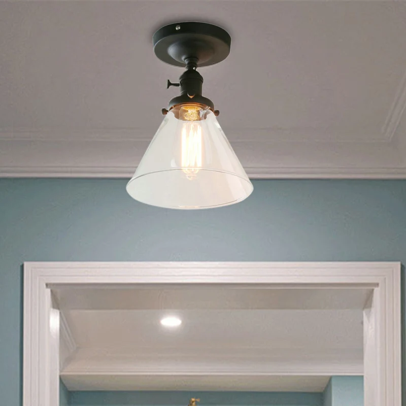 Zwart plafondverlichting met 1 lamp, industriële helderglazen kegelvormige schaduw, semi-inbouwlamp voor woonkamer Clearhalo