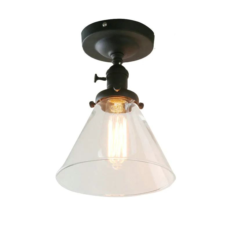 Zwart plafondverlichting met 1 lamp, industriële helderglazen kegelvormige schaduw, semi-inbouwlamp voor woonkamer Clearhalo
