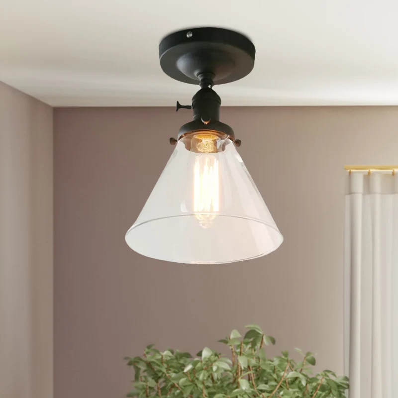 Zwart plafondverlichting met 1 lamp, industriële helderglazen kegelvormige schaduw, semi-inbouwlamp voor woonkamer Clearhalo
