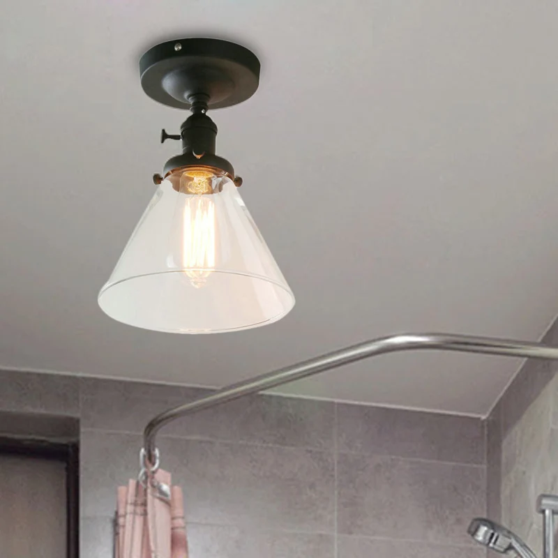 Zwart plafondverlichting met 1 lamp, industriële helderglazen kegelvormige schaduw, semi-inbouwlamp voor woonkamer Clearhalo