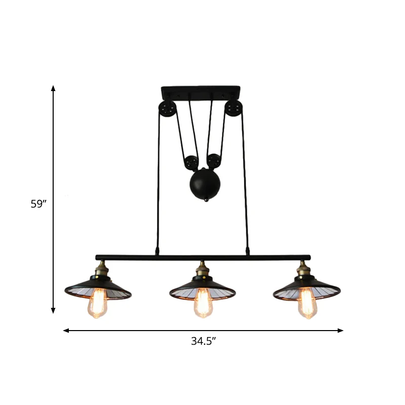 Zwart uitlopende eilandhanglamp boerderij ijzer 3 lampen restaurant hanglampset met katrolontwerp Clearhalo