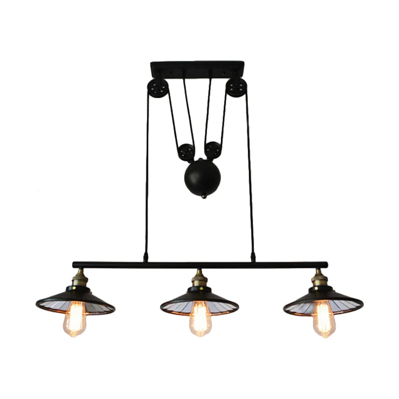 Zwart uitlopende eilandhanglamp boerderij ijzer 3 lampen restaurant hanglampset met katrolontwerp Clearhalo