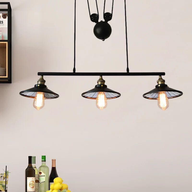Zwart uitlopende eilandhanglamp boerderij ijzer 3 lampen restaurant hanglampset met katrolontwerp Clearhalo