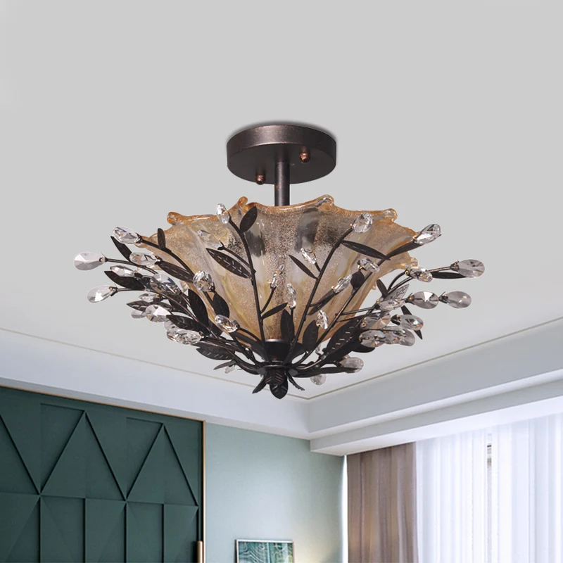 Zwart uitlopende semi-inbouw modernisme amberglas 2 hoofden woonkamer plafondlamp met takkristalaccent Clearhalo