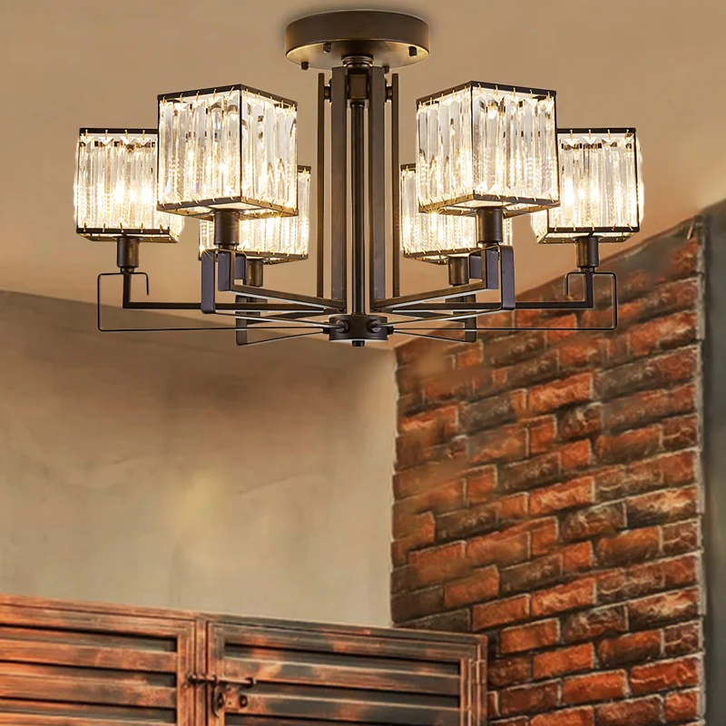 Zwart vierkant semi-inbouwverlichting 4/6/8 lampen Vintage stijl metalen plafondlamp met kristallen prisma voor slaapkamer...