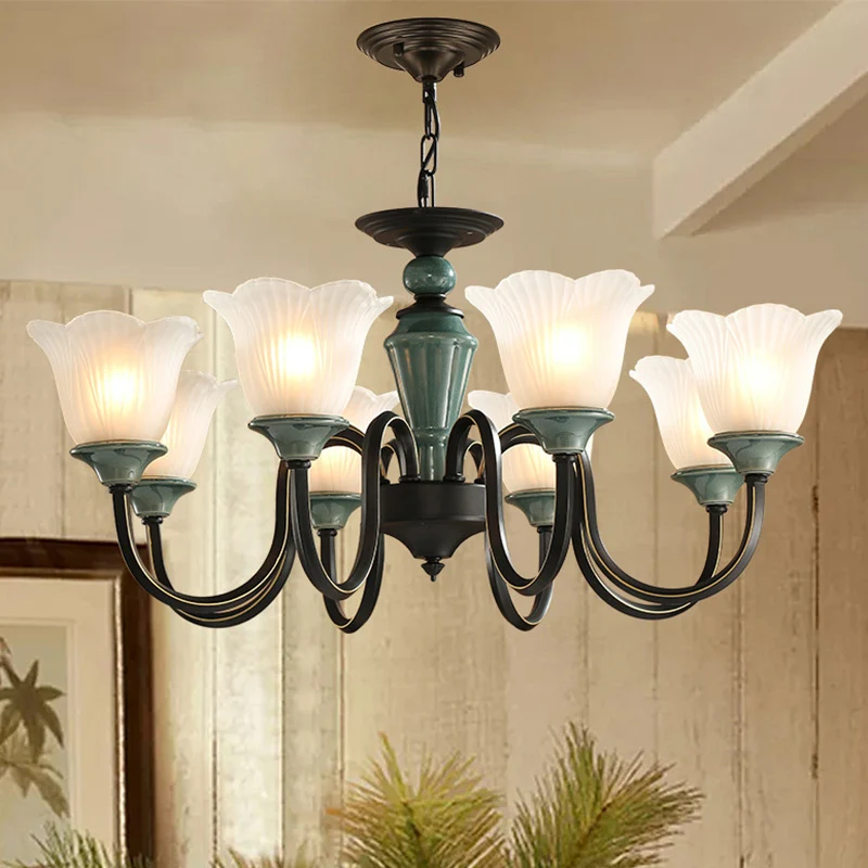 Zwartachtig groene bloemen hanglamp Rustiek matglas woonkamer kroonluchterlamp met gebogen arm Clearhalo