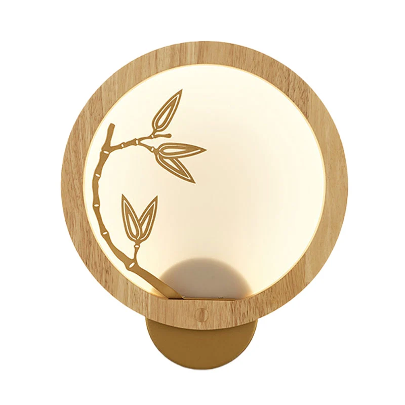 Zwart/Beige Bamboe Blad Muurschildering Lamp Chinese Stijl Houten LED Wandmontage Lichtpunt voor Slaapkamer Clearhalo