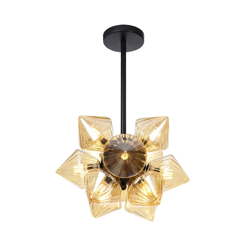 Zwart/Chroom Prisma Semi-inbouwlicht Vintage Helder/Amber Geribbeld Glas 9/12 Lichten Woonkamer Plafondlamp Clearhalo
