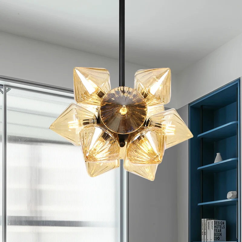 Zwart/Chroom Prisma Semi-inbouwlicht Vintage Helder/Amber Geribbeld Glas 9/12 Lichten Woonkamer Plafondlamp Clearhalo