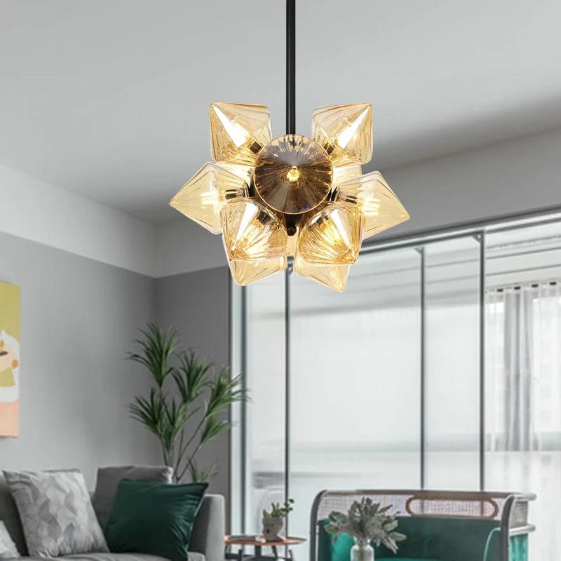 Zwart/Chroom Prisma Semi-inbouwlicht Vintage Helder/Amber Geribbeld Glas 9/12 Lichten Woonkamer Plafondlamp Clearhalo