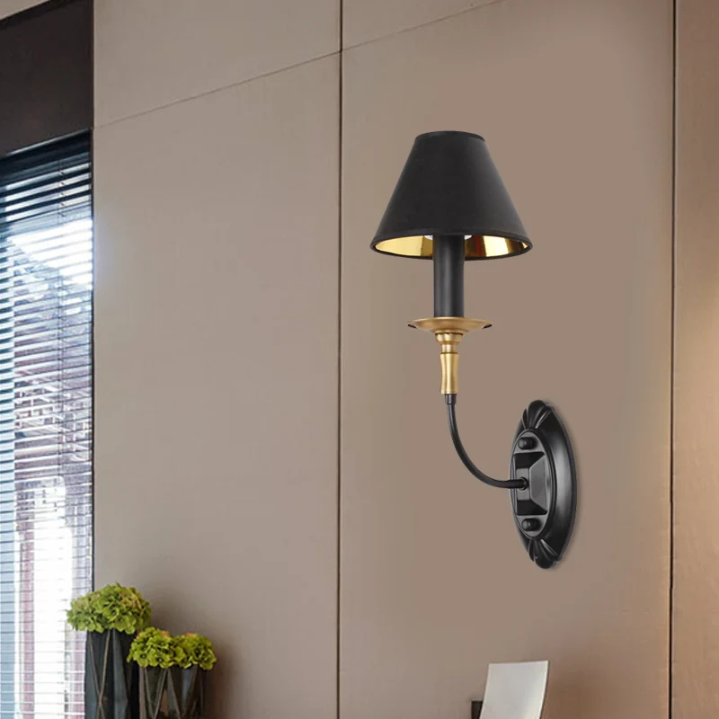 Zwarte 1/2-lamp wandlamp Sconce vintage stoffen ton wandgemonteerde lamp met ronde arm voor gang Clearhalo