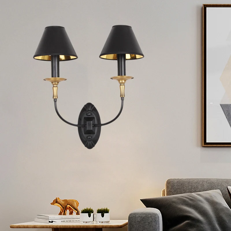 Zwarte 1/2-lamp wandlamp Sconce vintage stoffen ton wandgemonteerde lamp met ronde arm voor gang Clearhalo