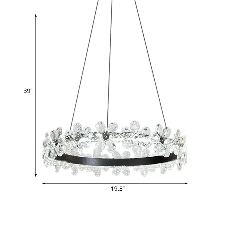 Zwarte 1/2-Tier Hoop Hanglamp Kit Minimalistische Kristallen Bloem Woonkamer LED Kroonluchter Verlichting Clearhalo