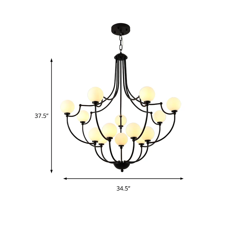 Zwarte 14-lichts kroonluchterlamp, traditionele matglazen moleculaire hanglamp voor woonkamer Clearhalo
