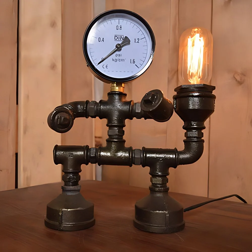 Zwarte 1-kops tafellamp Vintage stijlvolle metalen pijp Man tafelverlichting met manometer voor slaapkamer Clearhalo