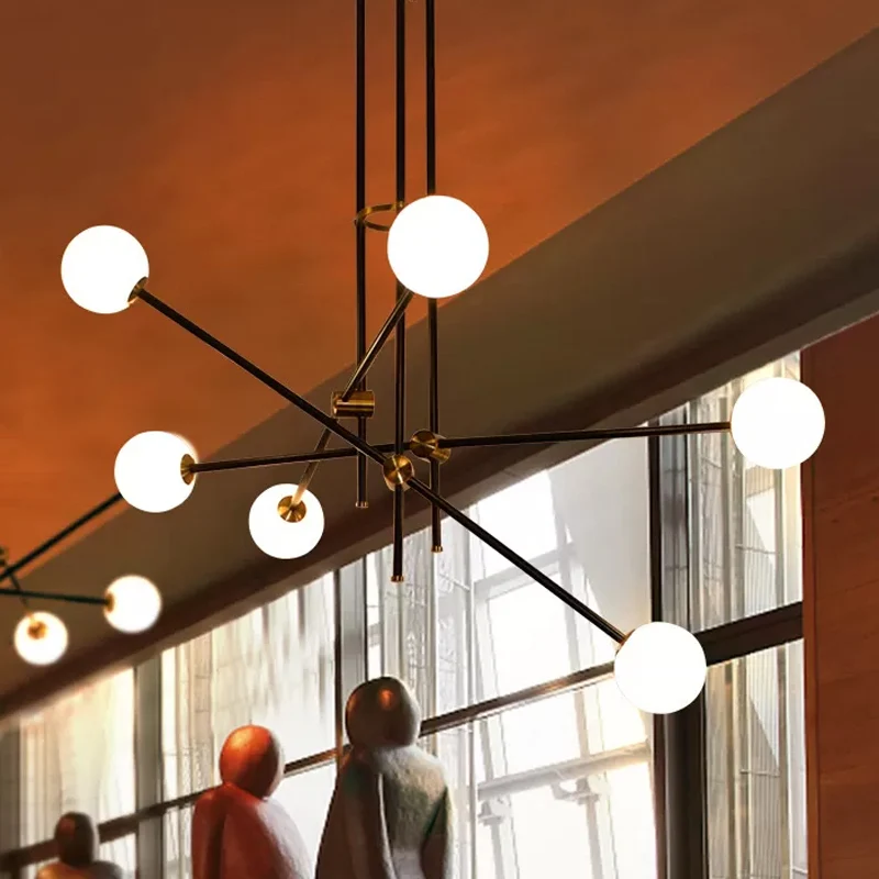 Zwarte 3-armige kroonluchter, postmodern, 6 lampen, metalen plafondhanger met melkachtige glazen bol Clearhalo