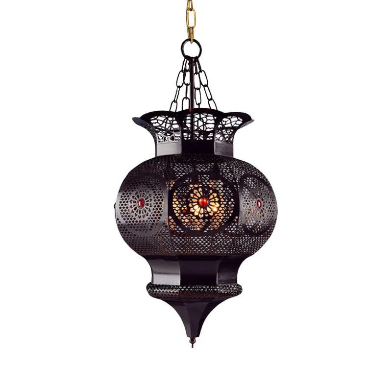Zwarte 3-koppige kroonluchter, Arabische metalen vaas, plafondlamp met hol patroon voor slaapkamer Clearhalo