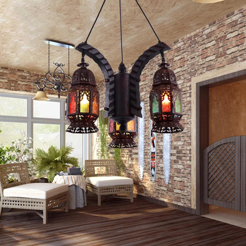 Zwarte 3-lichts hangende kroonluchter Arabische metalen lantaarn hanglamp voor woonkamer Clearhalo