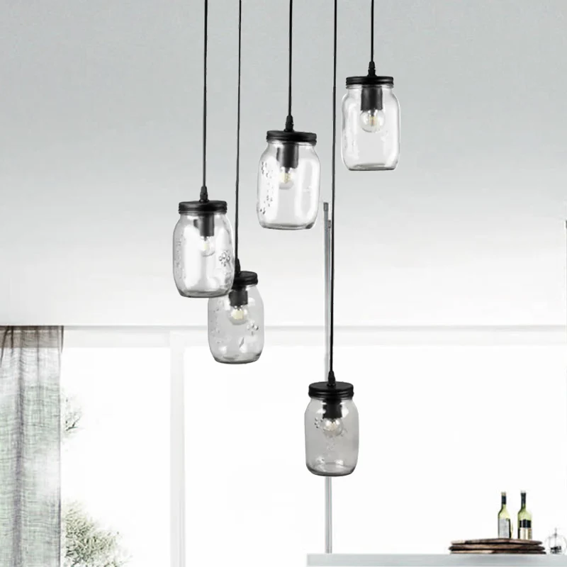 Zwarte 5-lichts clusterhangende moderne helderglazen potschaduw hangende lichtarmatuur met koord/ketting en ronde luifel C...