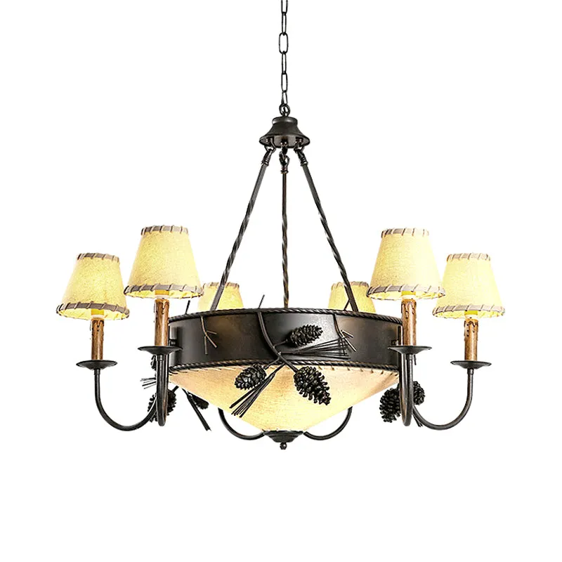 Zwarte 9-lichts plafondlamp, vintage stoffen taps toelopende kroonluchter hanglamp met dennenappeldeco Clearhalo