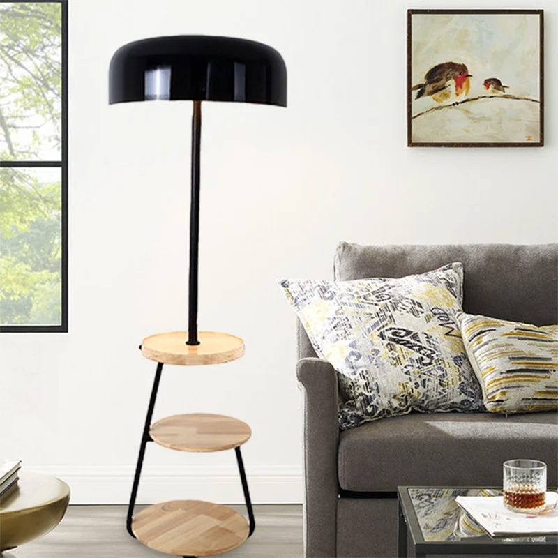 Zwarte afwerking Bowl Shade vloerstaande lamp Modernisme 2 lampen Metalen vloerlamp met houten planken Clearhalo