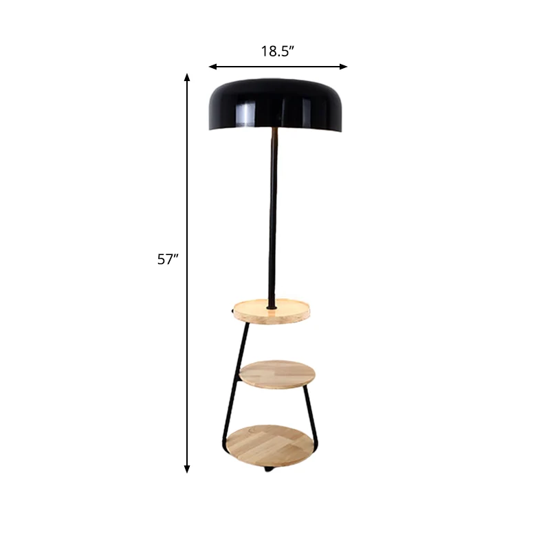 Zwarte afwerking Bowl Shade vloerstaande lamp Modernisme 2 lampen Metalen vloerlamp met houten planken Clearhalo