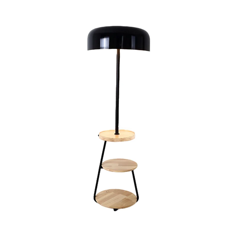 Zwarte afwerking Bowl Shade vloerstaande lamp Modernisme 2 lampen Metalen vloerlamp met houten planken Clearhalo