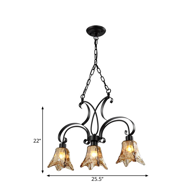 Zwarte bloemeneiland hanglamp, klassiek bruin getextureerd glas, 3 lampen, eetkamer hangend plafondlicht Clearhalo