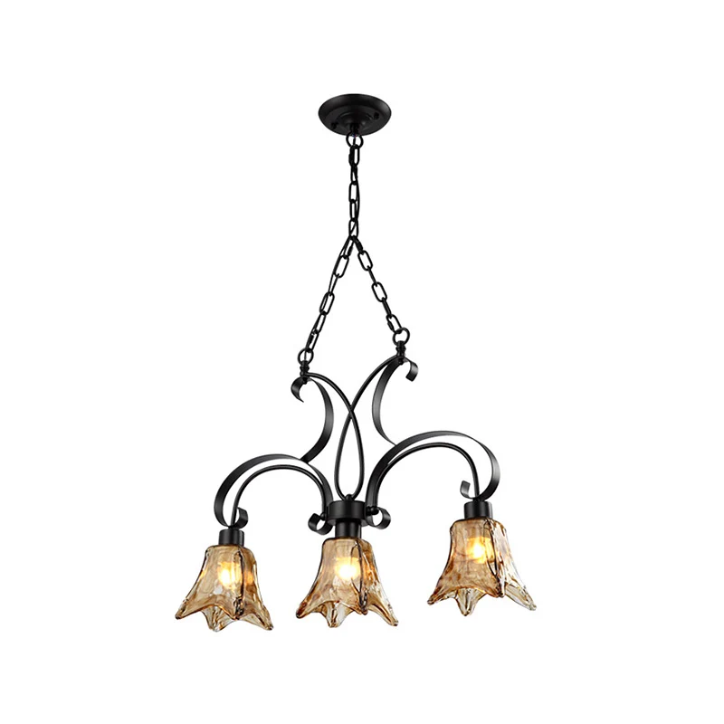 Zwarte bloemeneiland hanglamp, klassiek bruin getextureerd glas, 3 lampen, eetkamer hangend plafondlicht Clearhalo