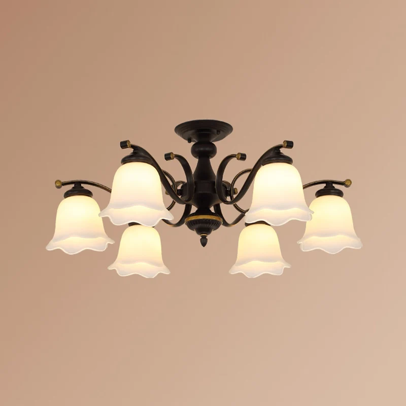Zwarte bloemscherm semi-inbouw vintage matglazen slaapkamer dicht bij plafond kroonluchter Clearhalo