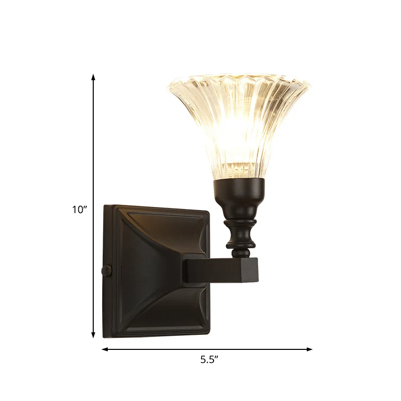 Zwarte brede flare inbouw wandkandelaar moderne 1-lichts kristallen wandlamp voor nachtkastje Clearhalo