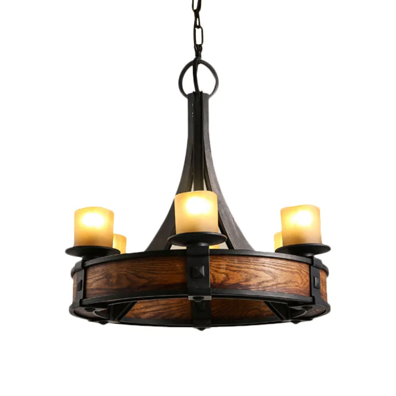 Zwarte buiskroonluchterlamp, traditioneel beige glas, 6 lampen, eetkamer hangend lichtarmatuur met rond houten ontwerp Cle...