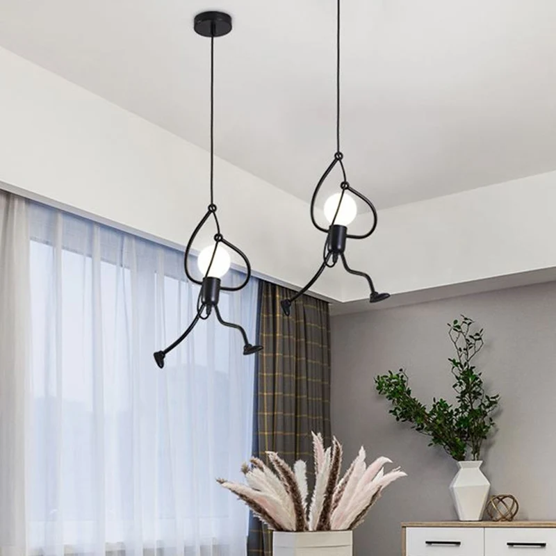 Zwarte Cartoon persoonsvormige ophanging Art Deco metalen hanglamp voor slaapkamer Clearhalo