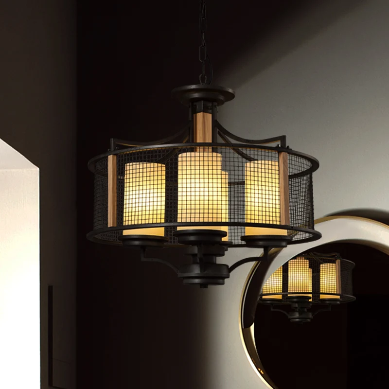 Zwarte cilinder hangende kroonluchter traditionele stijl matglas 4 koppen woonkamer hanglampset met trommelkooi Clearhalo