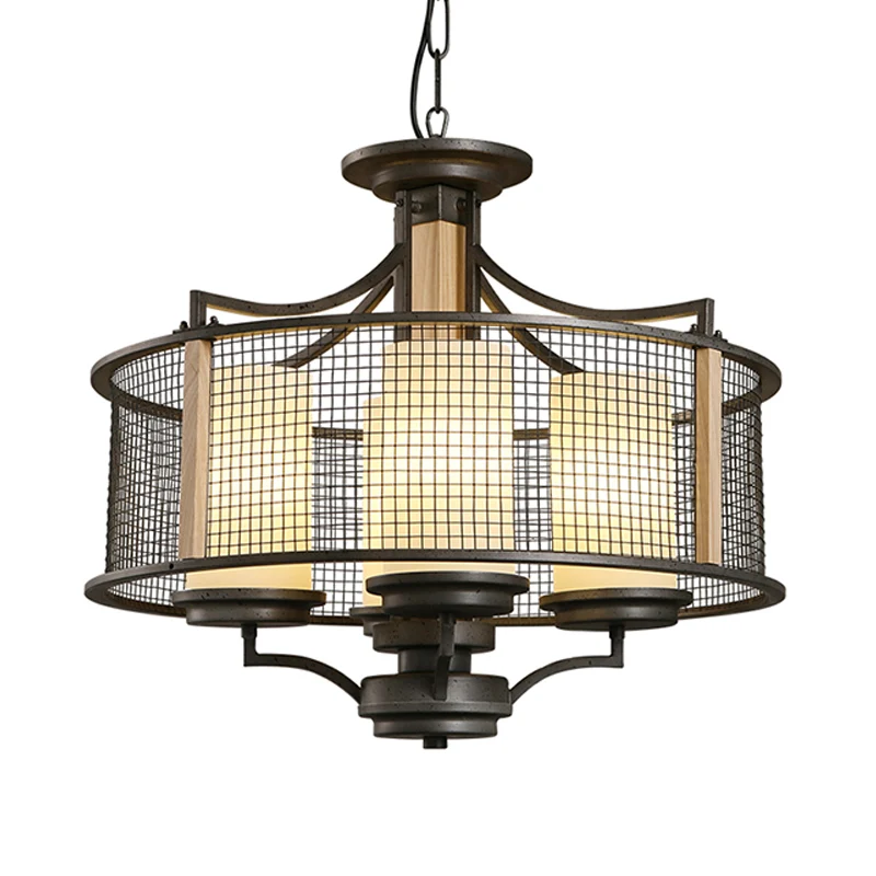 Zwarte cilinder hangende kroonluchter traditionele stijl matglas 4 koppen woonkamer hanglampset met trommelkooi Clearhalo