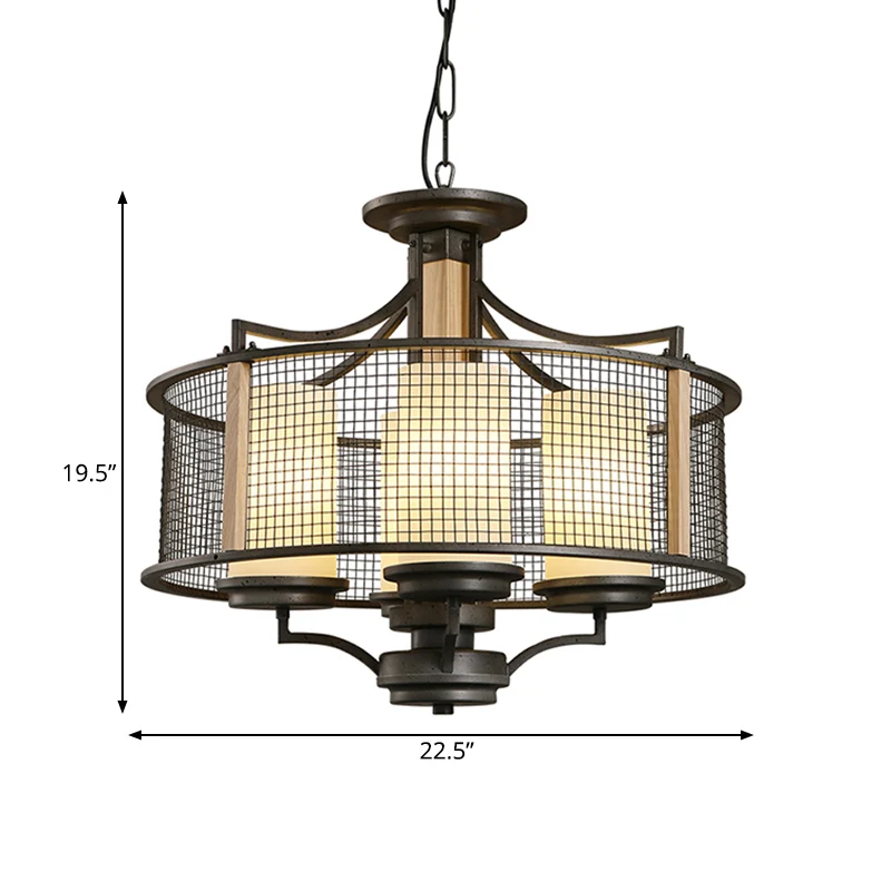 Zwarte cilinder hangende kroonluchter traditionele stijl matglas 4 koppen woonkamer hanglampset met trommelkooi Clearhalo