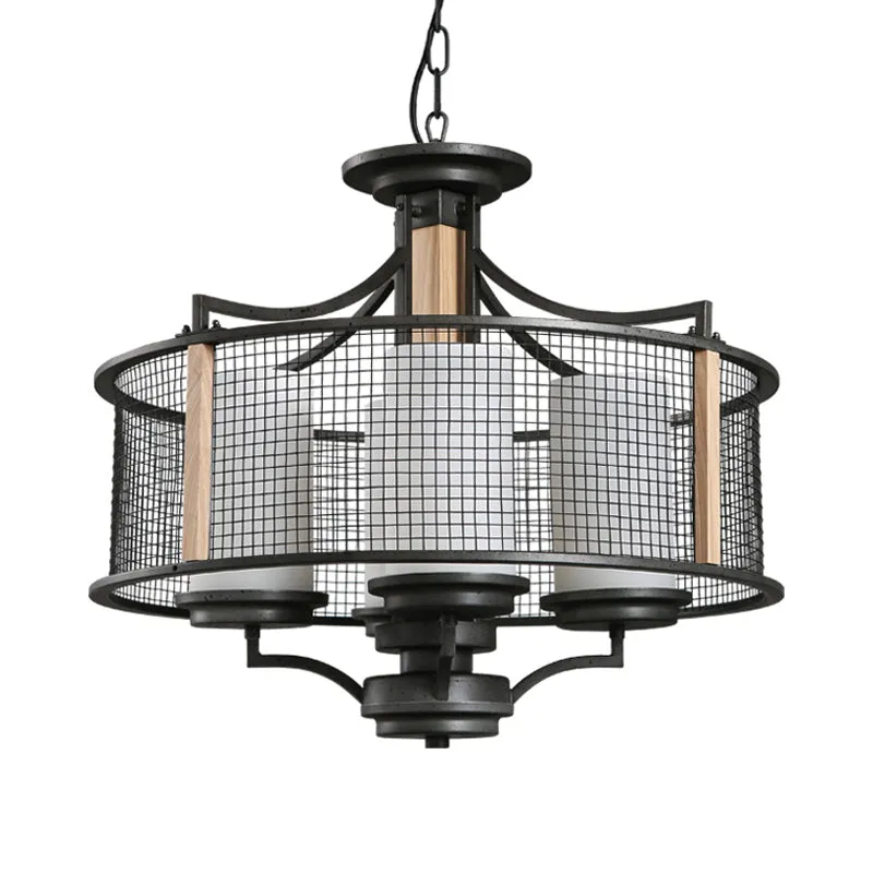 Zwarte cilinder hangende kroonluchter traditionele stijl matglas 4 koppen woonkamer hanglampset met trommelkooi Clearhalo