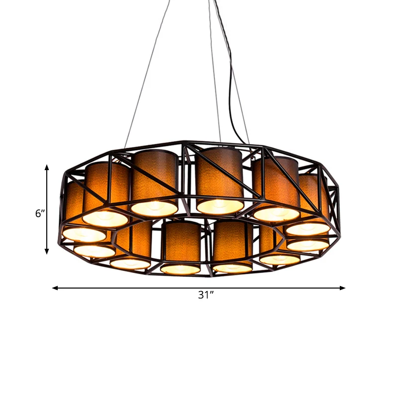 Zwarte cilinder kroonluchterlamp vintage stof 12 lampen restaurant plafondlamp met ronde kooi Clearhalo